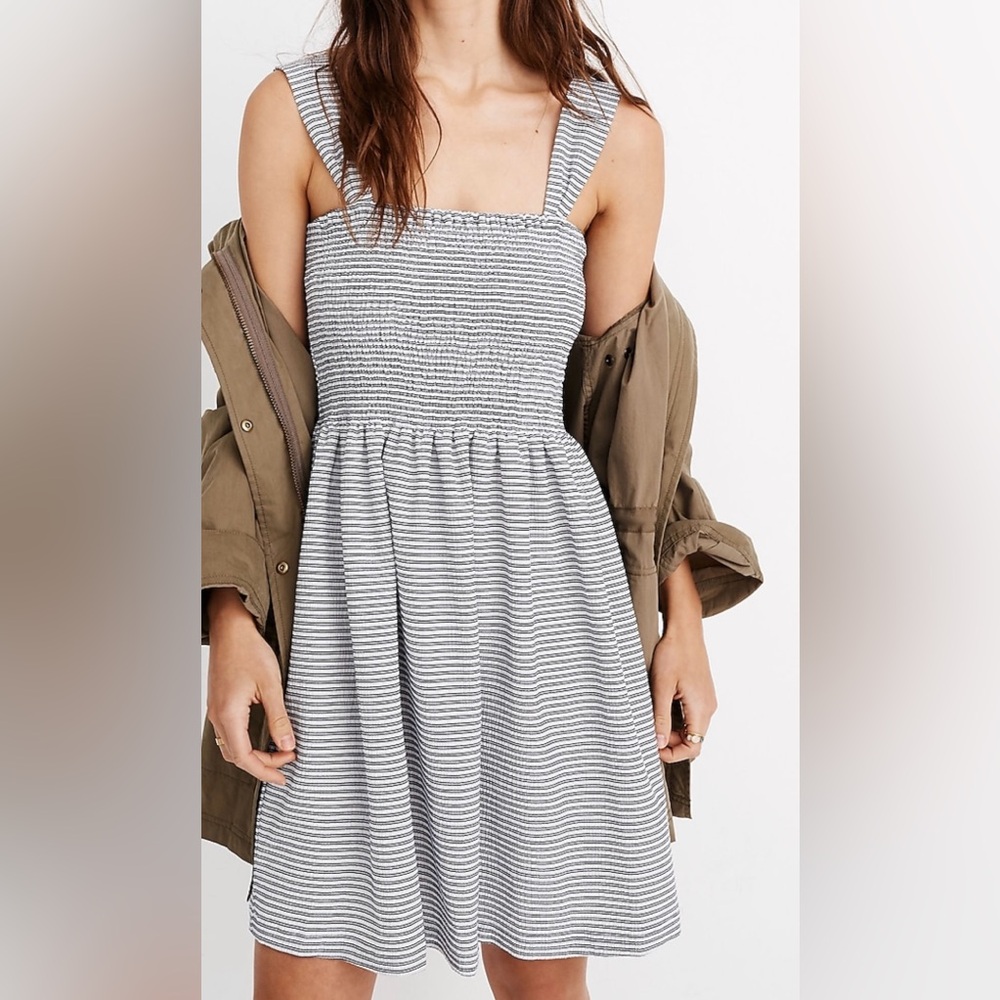 Madewell Texture & Thread Smocked Dress in White Ellis Stripe